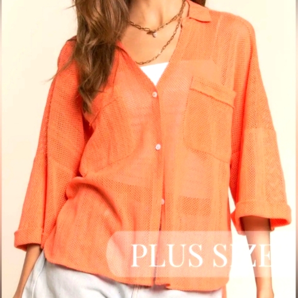 🏷️J.N.N.A. Coral Open Weave Mesh Button Front Blouse Short Sleeve Size 2X - Picture 1 of 11